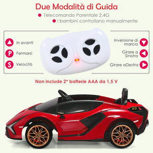 Macchina Elettrica Lamborghini per Bambini da 12V, Veicolo Elettrico con Luci LED MP3 Telecomando, Fino a 5km/h, +3 Anni (Rosso)