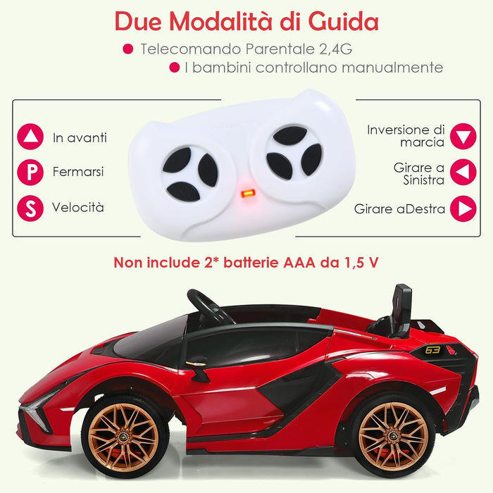 Macchina Elettrica Lamborghini per Bambini da 12V, Veicolo Elettrico con Luci LED MP3 Telecomando, Fino a 5km/h, +3 Anni (Rosso)