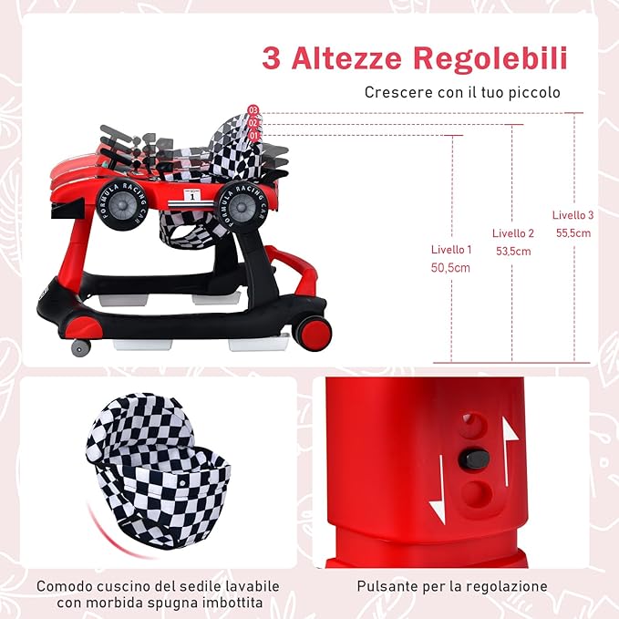 Girello per Bambini 4 in 1, Girello Pieghevole con Altezza e Velocità Regolabili, Carillon con Luci, Volante, Primi Passi per Bambini 6-18 Mesi, Portata 15 kg (Rosso)