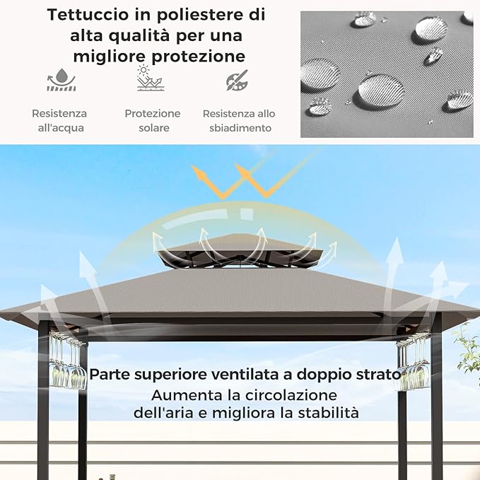 Set Bar da Patio a 3 Pezzi, Gazebo per Griglia e 2 Sgabelli da Bar con Tavolo in Vetro Temperato, Ripiani in Metallo, Portabicchieri, per Giardino Cortile e Spiaggia (Grigio)