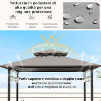Set Bar da Patio a 3 Pezzi, Gazebo per Griglia e 2 Sgabelli da Bar con Tavolo in Vetro Temperato, Ripiani in Metallo, Portabicchieri, per Giardino Cortile e Spiaggia (Grigio)