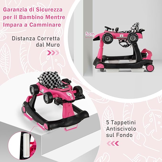 Girello per Bambini 4 in 1, Girello Pieghevole con Altezza e Velocità Regolabili, Carillon con Luci, Volante e Sedile, Primi Passi per Bambini 6-18 Mesi, Portata 15 kg (Rosa Scruro)