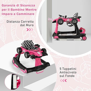 Girello per Bambini 4 in 1, Girello Pieghevole con Altezza e Velocità Regolabili, Carillon con Luci, Volante e Sedile, Primi Passi per Bambini 6-18 Mesi, Portata 15 kg (Rosa Scruro)