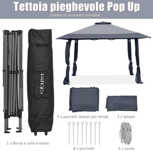 Gazebo da Giardino 3,95 x 3,95 M, Gazebo da Esterno con Tetto a 2 Livelli e 3 Altezze Regolabili, con Borsa,Tessuto Oxford, Ideale per Feste, Barbecue, Giardino, Spiaggia (Grigio)