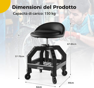Sgabello da Officina, Sgabello Meccanico Rotante con Vassoio Porta Attrezzi, Regolabile in Altezza e 4 Ruote Universali, capacità di 150 kg, per Garage, Officina (Nero)