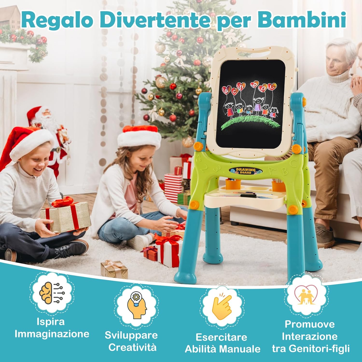 Cavalletto per Bambini, Lavagna Magnetica a Doppia Faccia Regolabile in Altezza, Tavolo da Disegno Staccabile con Manico Portatile e 2 Tazze, per Bambini 3 Anni + (Verde+Blu)