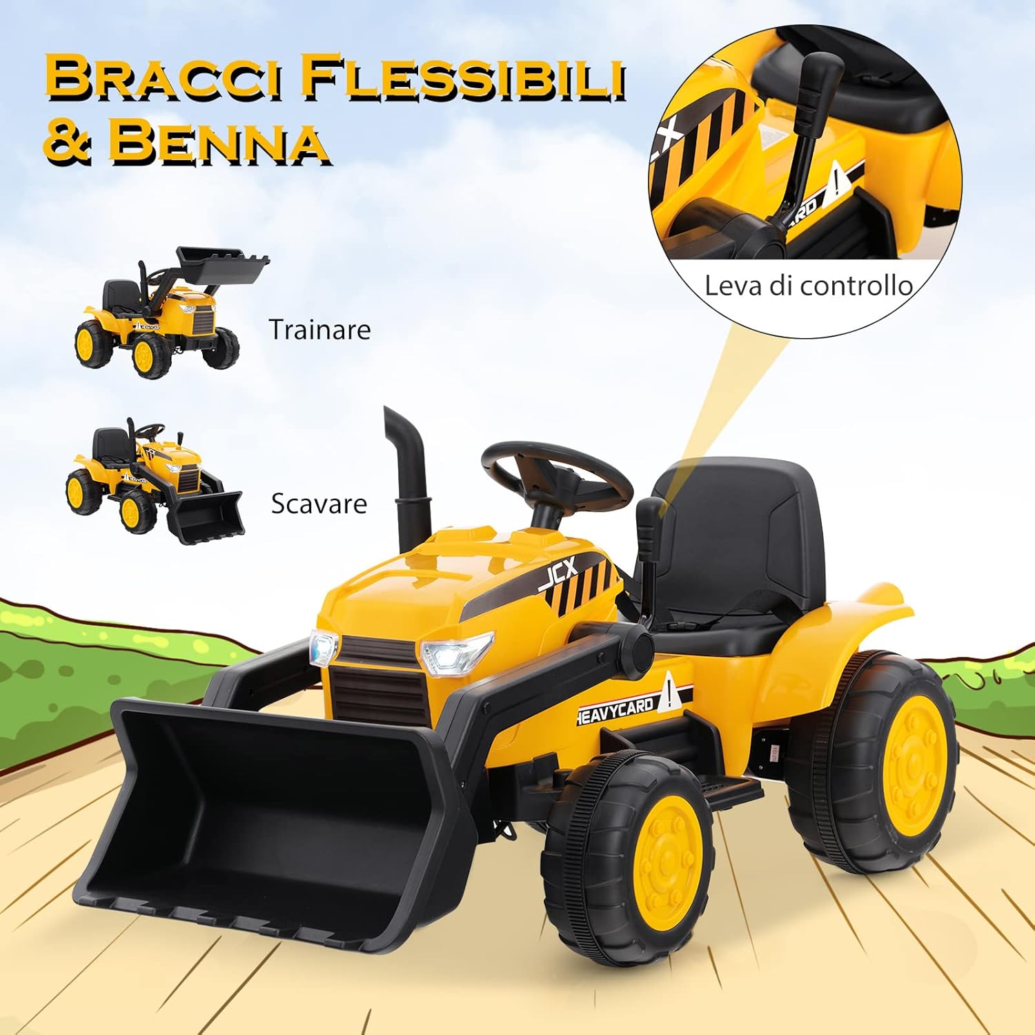 12 V Escavatore per Bambini, con Telecomando, Benna di Scavo Regolabile Musica e Fari a LED, Ruspa Elettrica per Bambini di 3-8 Anni, Giallo