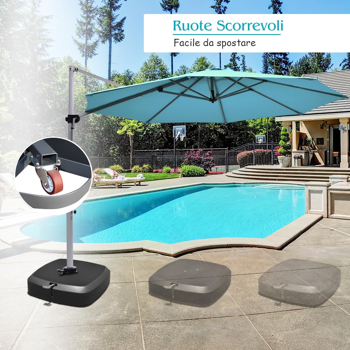 Base con Pedale per Ombrellone con Ruote, Base Riempita ad Acqua/Sabbia per Ombrellone, Supporto per Ombrellone Giardino, con Ripiemento ad Acqua 100 kg, Sabbia Bagnata 150 kg