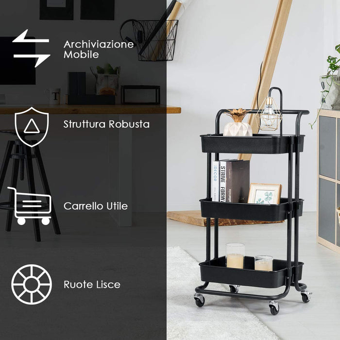 Carrello con 3 cesti e Maniglia, Carrello Multifunzione con Ruote, 87 x 35 x 42 cm, Nero/Bianco (Nero)