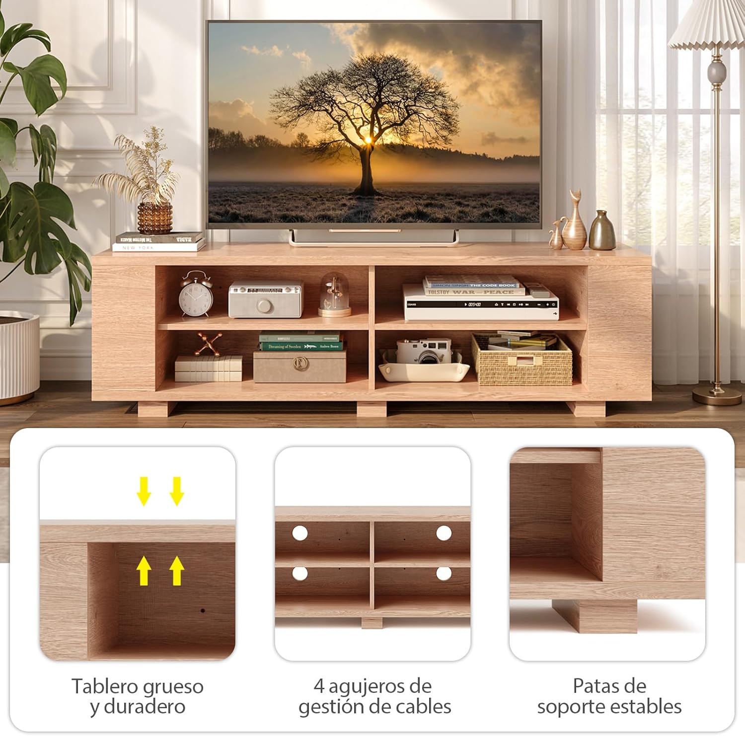 Mobile Porta TV per TV Fino a 65 Pollici, Mobile TV a 3 Livelli con 4 Scomparti Aperti, 4 Vani Laterali, Fori per Cavi, Stile Moderno, 150 x 39 x 45 cm (Naturale)