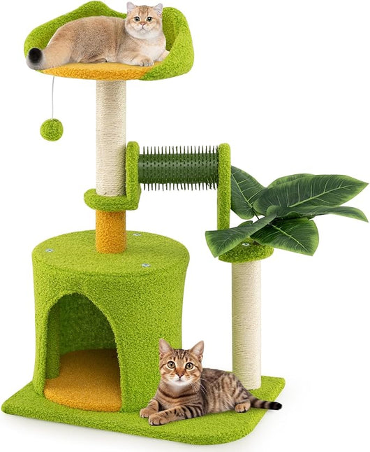 Albero per Gatti da Interno, Albero Tiragraffi con Foglie Artificiali, Condominio, Trespolo, Tiragraffi in Sisal, Autopulente e Pompon in Peluche, Tiragraffi per Gatti a Tema di Foresta