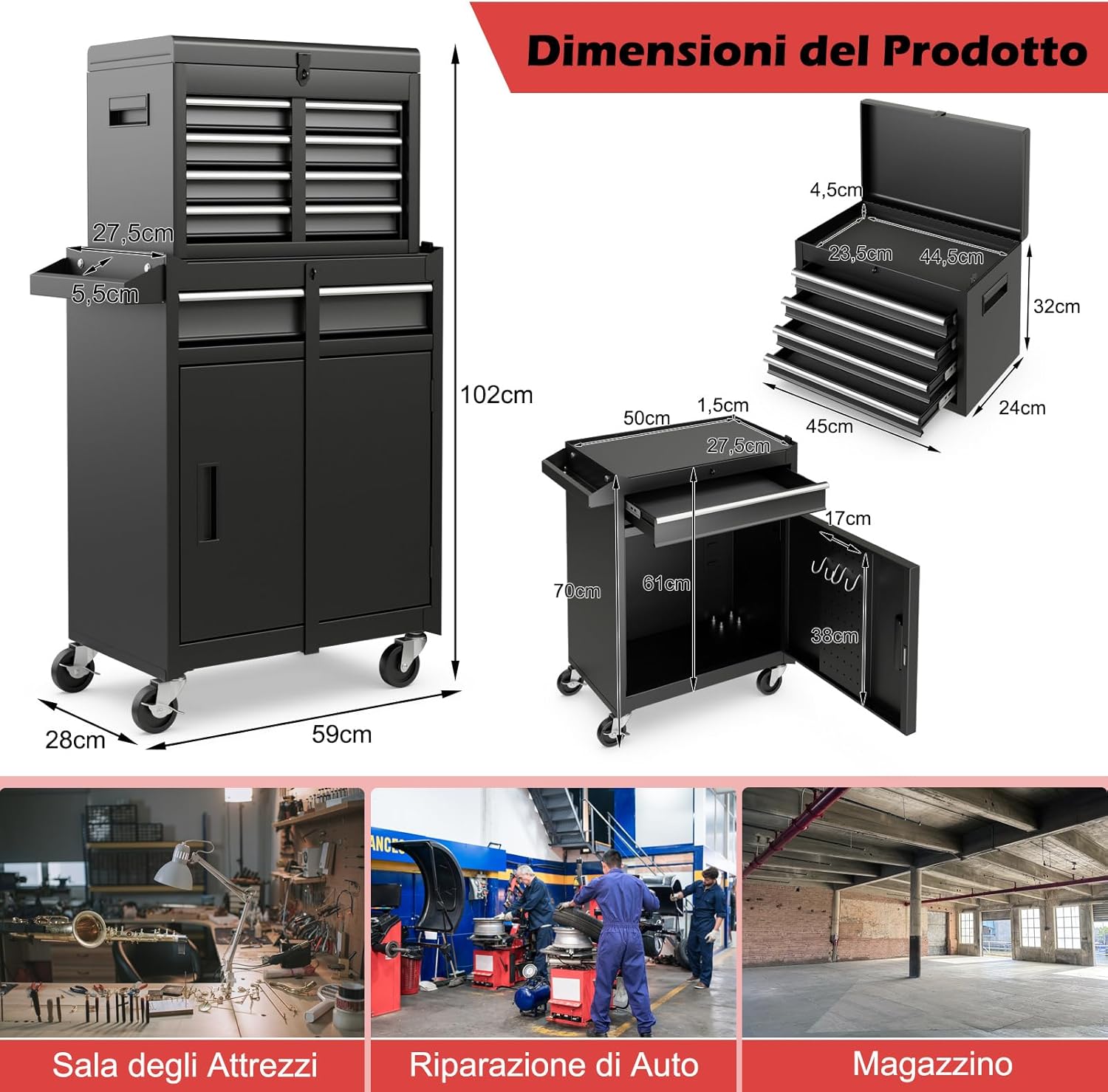 Cassettiera Portautensili a 4 Cassetti, Carrello per Attrezzi con Ruote Bloccabili Ripiano Regolabile e Rivestimento Antiscivolo, 59 x 28 x 102 cm (Nero)