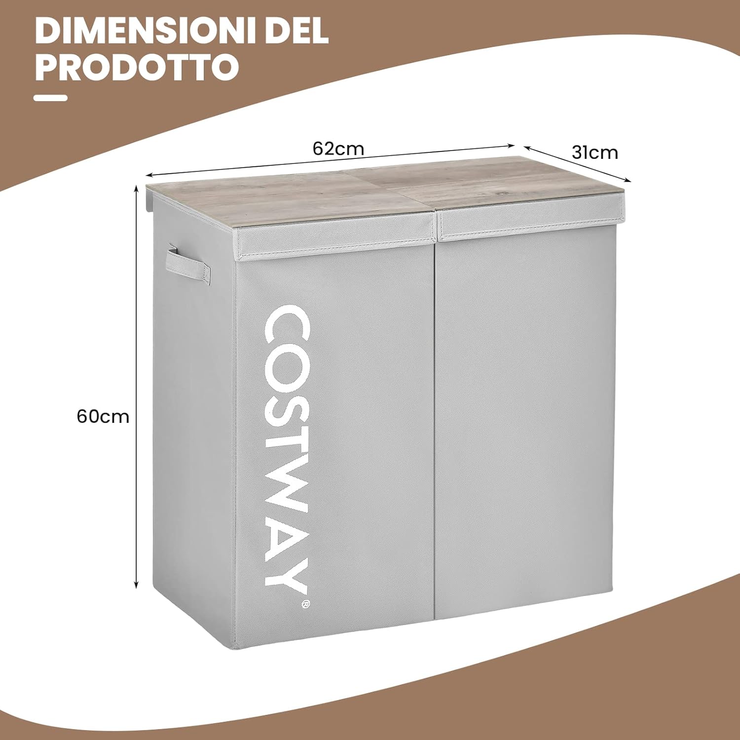 115 L Cesto Portabiancheria con Coperchio, Portabiancheria Sporca con 2 Scomparti e Maniglie, in Tessuto Non Tessuto, Ideale per Bagno Lavanderia, 62 x 31 x 60 cm (Grigio)