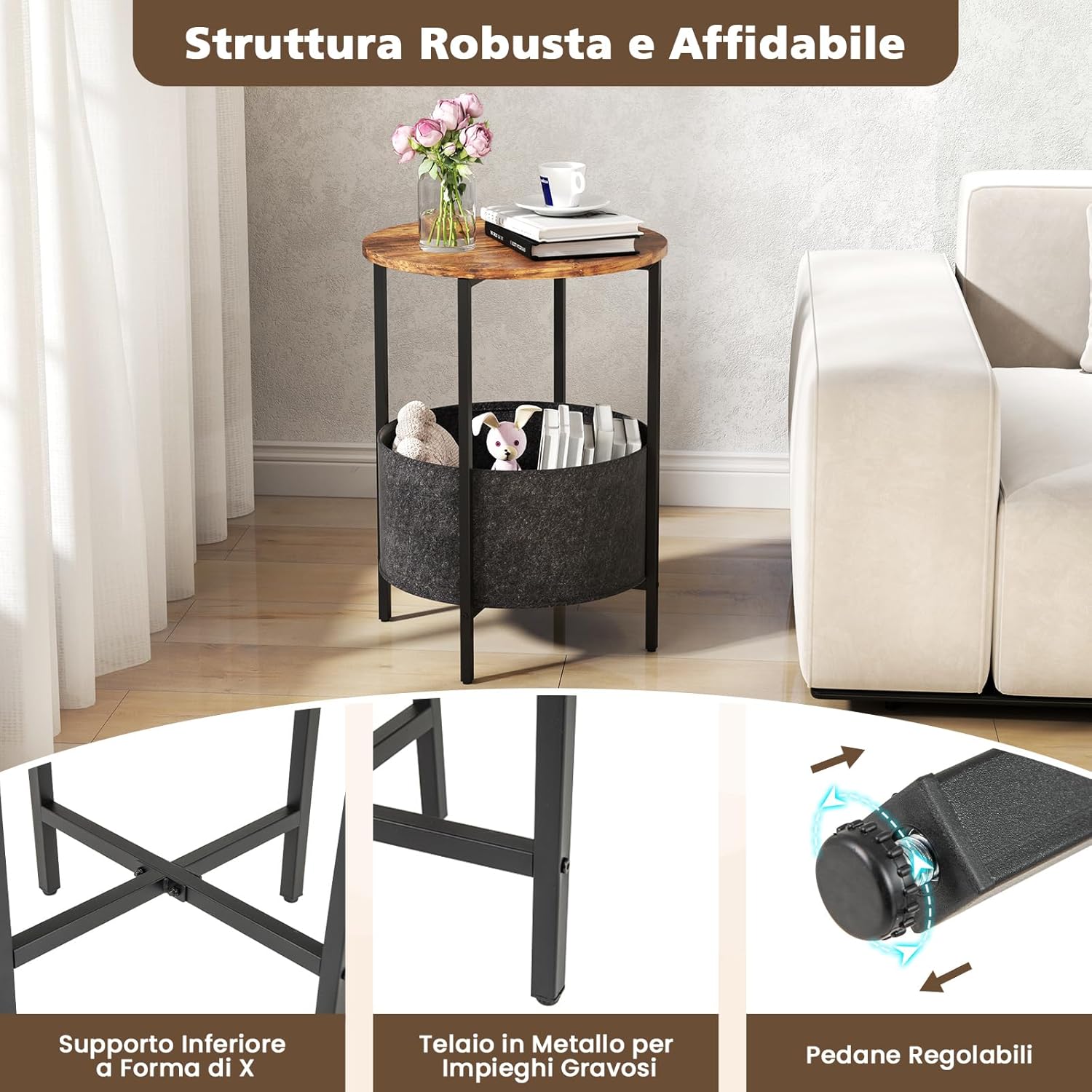Tavolino Rotondo per Piccoli Spazi, Tavolino a 2 Ripiani con Cestino in Tessuto Rimovibile e Struttura in Metallo, Tavolino da Salotto, Camera da Letto e Studio (Marrone)