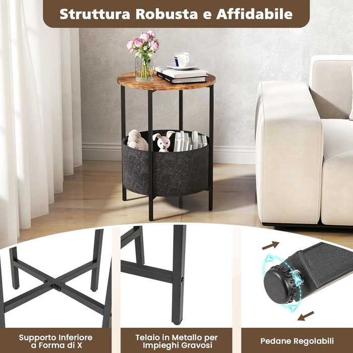 Tavolino Rotondo per Piccoli Spazi, Tavolino a 2 Ripiani con Cestino in Tessuto Rimovibile e Struttura in Metallo, Tavolino da Salotto, Camera da Letto e Studio (Marrone)
