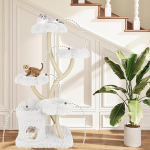 Tiragraffi per Gatti Alto 165cm,Alberi per Gatti con 4 Piattaforme, Tiragraffi in Sisal e Tubo di Supporto Robusto, Mobili per Animali da Interno (Bianco)