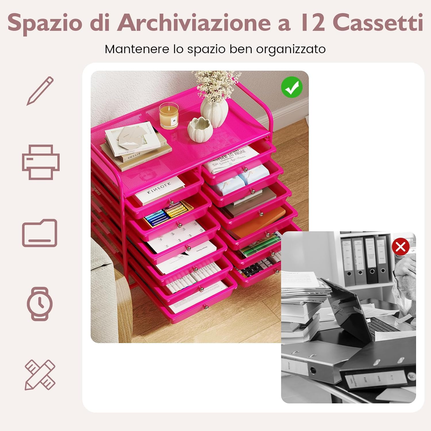 Carrello di Stoccaggio con 12 Cassetti, Carrello portaoggetti con 4 Ruote, Carrello Multiuso per Scuola Ufficio Cucina, 64 x 38 x 62 cm (12 cassetti Rosa)