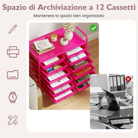 Carrello di Stoccaggio con 12 Cassetti, Carrello portaoggetti con 4 Ruote, Carrello Multiuso per Scuola Ufficio Cucina, 64 x 38 x 62 cm (12 cassetti Rosa)