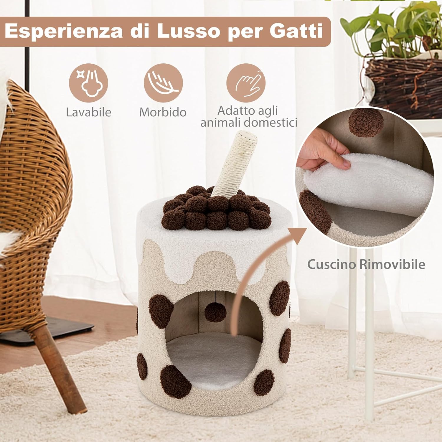 Cuccia per Gatti a Forma di Bubble Tea, Casetta per Gatti con Tiragraffi in Sisal e Palline Appese, Albero per Gattini da Interno, 37 cm x 37 cm x 67 cm (Caffè e Beige)