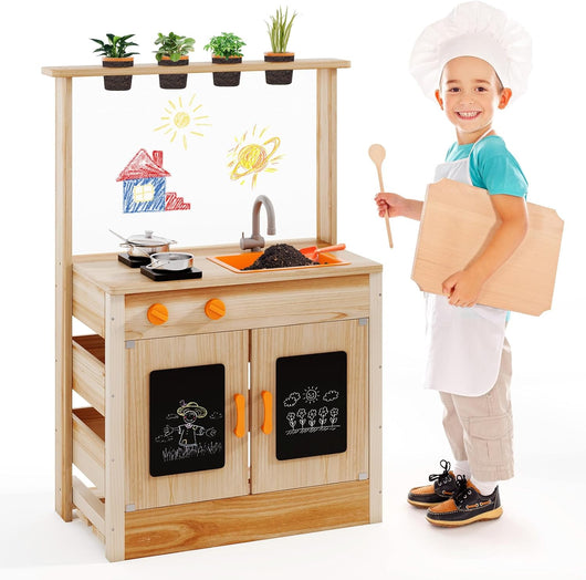 Cucina Giocattolo per Giardino con Lavagna Acrilica per Dipingere, Cucina in Legno di Abete per Bambini con 4 Vasi da Giardinaggio, Set Cucina con Accessori, 68 x 34 x 93 cm
