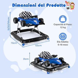 4 in 1 Girello per Bambini, Altezza Regolabile a 3 Livelli, Passeggino per Bambini, con Volante Imbottito e Scatola Musicale, Portata 12 kg, per Bambini 6-18 Mesi (Blu)