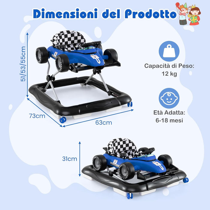 4 in 1 Girello per Bambini, Altezza Regolabile a 3 Livelli, Passeggino per Bambini, con Volante Imbottito e Scatola Musicale, Portata 12 kg, per Bambini 6-18 Mesi (Blu)