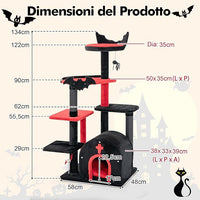 Albero per Gatti Gotico, Tiragraffi con Letto per Gatti, Condominio ad Arco, Pali, Pompom e Palline a Molla, Cat Tree di Halloween a 6 Livelli