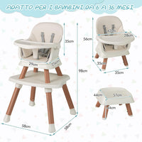 Seggiolone Pappa per Bambini 6 in 1, Seggiolone per Neonati Convertibile, Tavolo per Costruzioni per Bambini, con Imbracatura a 5 Punti, per Bambini da 6 Mesi fino 3 Anni (Bianco+Naturale)