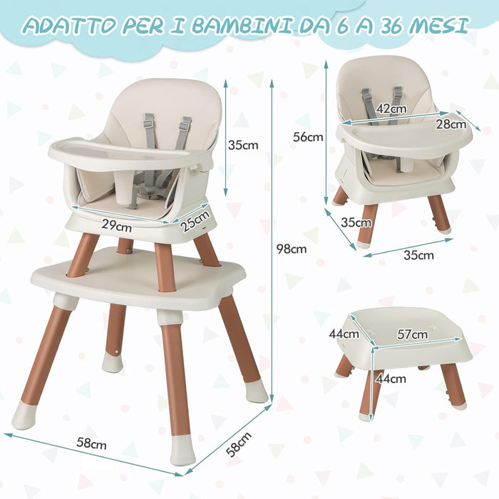 Seggiolone Pappa per Bambini 6 in 1, Seggiolone per Neonati Convertibile, Tavolo per Costruzioni per Bambini, con Imbracatura a 5 Punti, per Bambini da 6 Mesi fino 3 Anni (Bianco+Naturale)