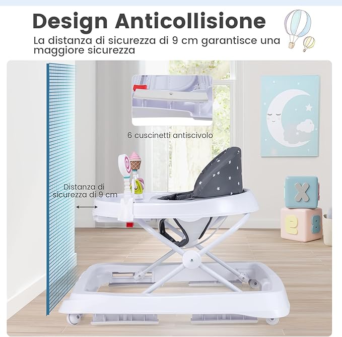 Girello per Bambini, Girello Pieghevole con Ruote, Altezza Regolabile su 3 Livelli, Cuscino del Sedile Rimovibile, per Bambini 6-36 Mesi (Grigio)