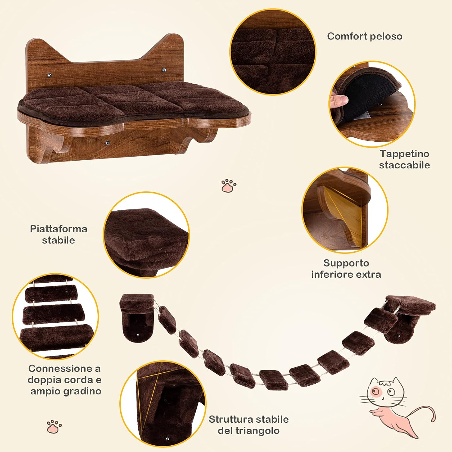 Scaletta per Gatti Montata al Muro, Letto di Legno per Gatti con Scaletta, Durevole e Stabile, Centro Attività da Interno per Gatti, Facile da Montare