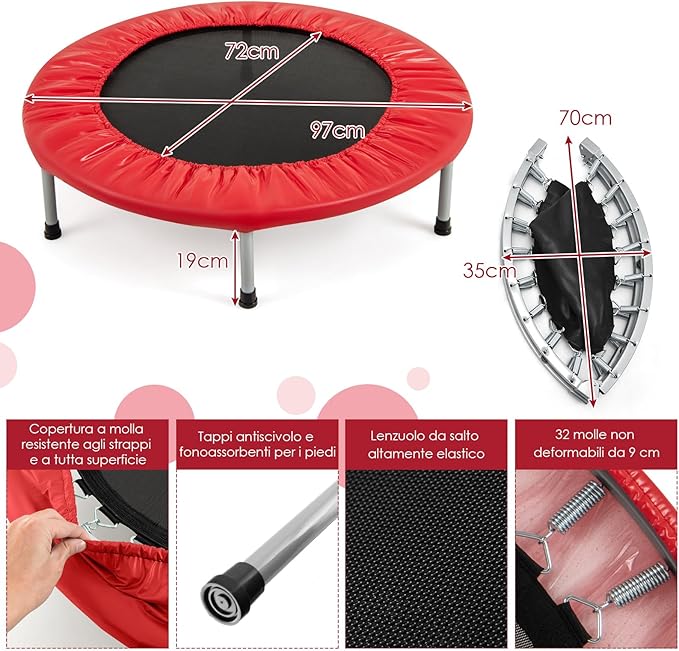Mini Trampolino Elastico e Pieghevole, Capacità di Carico 150 kg, per Interno ed Esterno