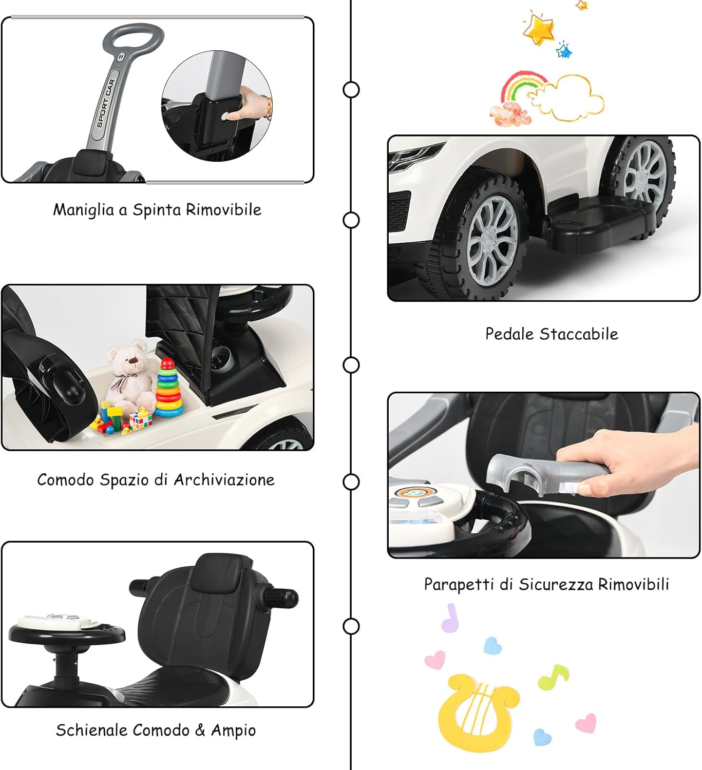 3 in 1 Macchina Cavalcabile a Spinta per Bambini, con Clacson Musica Luce Portaoggetti Sotto Sedile, Auto a Spinta per Bambini di 1-3 Anni (Bianco)