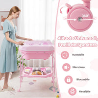 Fasciatoio con Vaschetta per Bambini, Vasca da Bagno per Neonati, Fasciatoio Pieghevole con Materassino, Cestino Portaoggetti, Ruote con Freno, Portata 35kg+15kg (Rosa)