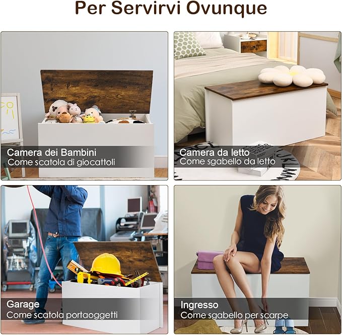 Cassapanca Porta Giochi per Bambini, Scatola di Giocattoli in Legno 2 in 1 con Coperchio, Cassapanca Contenitore da Cameretta Soggiorno Ingresso, 90x45x45,5 cm