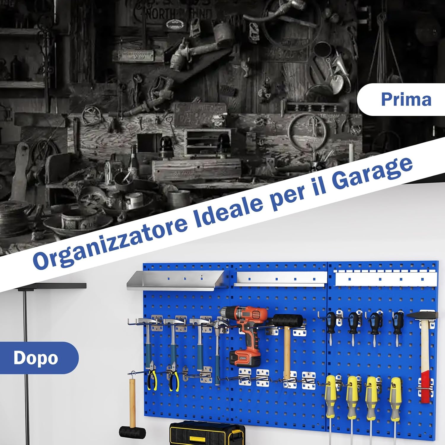 Kit 3 Pannelli Porta Attrezzi da Parete 60 x 40 cm, Pannello Forato Portaoggetti con 24 Ganci e Supporti, Pannello Portautensili per Officina e Garage (Blu)