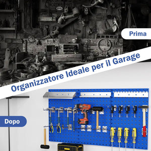 Kit 3 Pannelli Porta Attrezzi da Parete 60 x 40 cm, Pannello Forato Portaoggetti con 24 Ganci e Supporti, Pannello Portautensili per Officina e Garage (Blu)