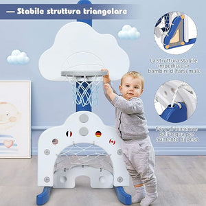Basket per Bambini Centro attività Multifunzione - Palla Canestro, Calcio e Golf, Mazza da Golf e Palle incluese, per Bambini, Altezza Regolabile (Nuvola Bianca)
