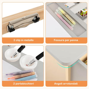Set 3 in 1 Tavolo e Sedie per Bambini 3+ Anni, Tavolo in Legno Sicuro con Lavagna Cancellabile, Magnetica, Cavalletto Regolabile, Libreria e Accessori Artistici, per Disegno (Grigio)
