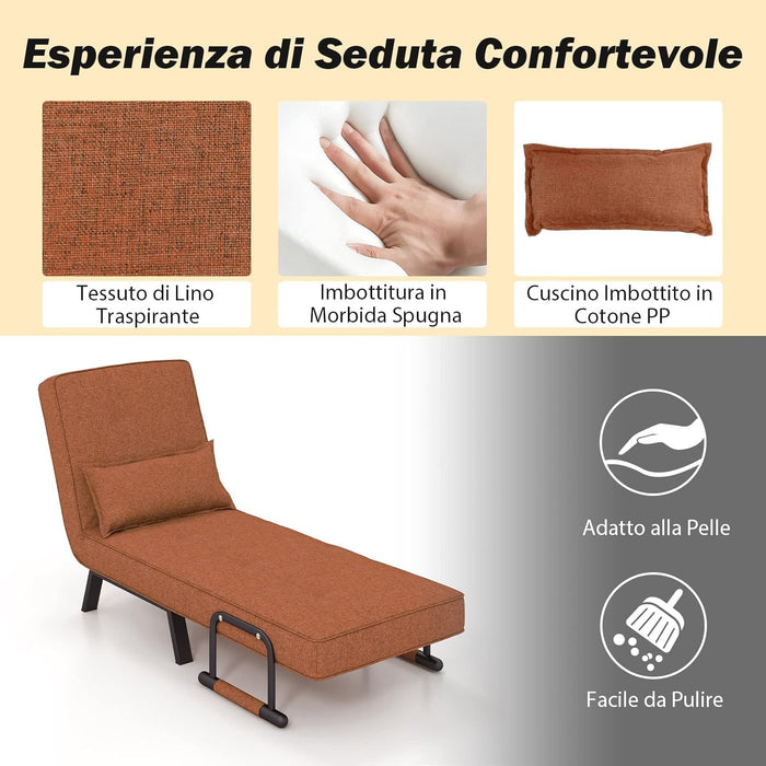 4 in 1 Poltrona Letto Singolo, Poltroncina Pieghevole con Schienale Regolabile in 6 Posizioni, Sedile Imbottito Robusto, Divano Letto per Casa Ufficio, 79x65x79 cm (Caffè)
