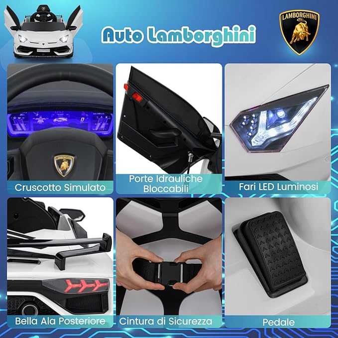 12V Lamborghini Macchina Elettrica per Bambini, Veicolo Elettrico con Telecomando Sospensione a Molla Luci LED MP3, 3-5 km/h, per Bambini 3 Anni+ (Bianco)
