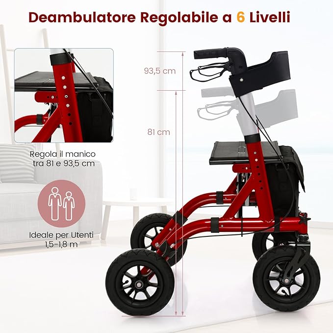 Deambulatore con Seduta 2 in 1, Rollator Pieghevole per Anziani con 4 Ruote, Maniglie Regolabili in Altezza 81-94cm, Portaombrelloni e Borsa Portaoggetti, Carico Massimo 160 kg (Rosso)