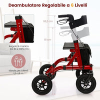 Deambulatore con Seduta 2 in 1, Rollator Pieghevole per Anziani con 4 Ruote, Maniglie Regolabili in Altezza 81-94cm, Portaombrelloni e Borsa Portaoggetti, Carico Massimo 160 kg (Rosso)