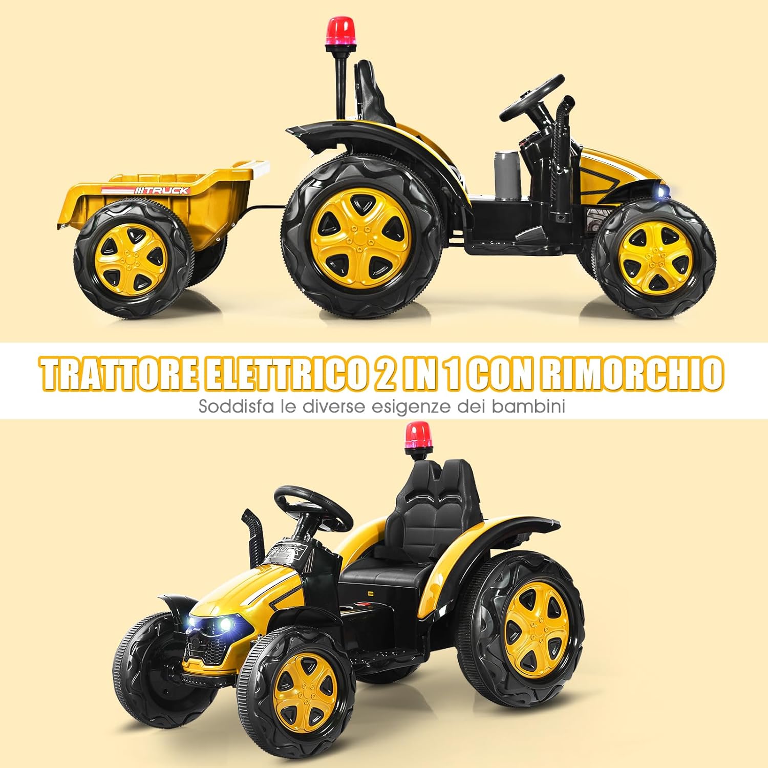 Trattore Elettrico per Bambini con Rimorchio, 2 in 1 Go Kart e Trattore per Bambini 3-8 Anni, con Telecomando e Cintura di Sicurezza a 2 Punti (Giallo)