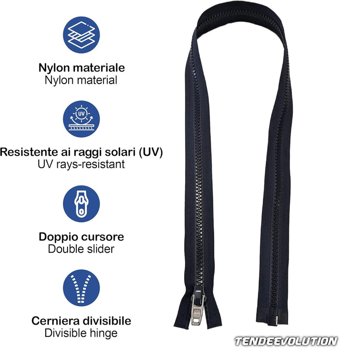 Cerniera Lampo Divisibile Blu 200cm Nautica Catena 10 - Resistente ai Raggi UV e Corrosione - Ideale per Imbarcazioni & Teli