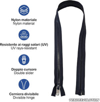 Cerniera Lampo Divisibile Nera 150cm Nautica Catena 10 - Resistente ai Raggi UV e Corrosione - Ideale per Imbarcazioni & Teli
