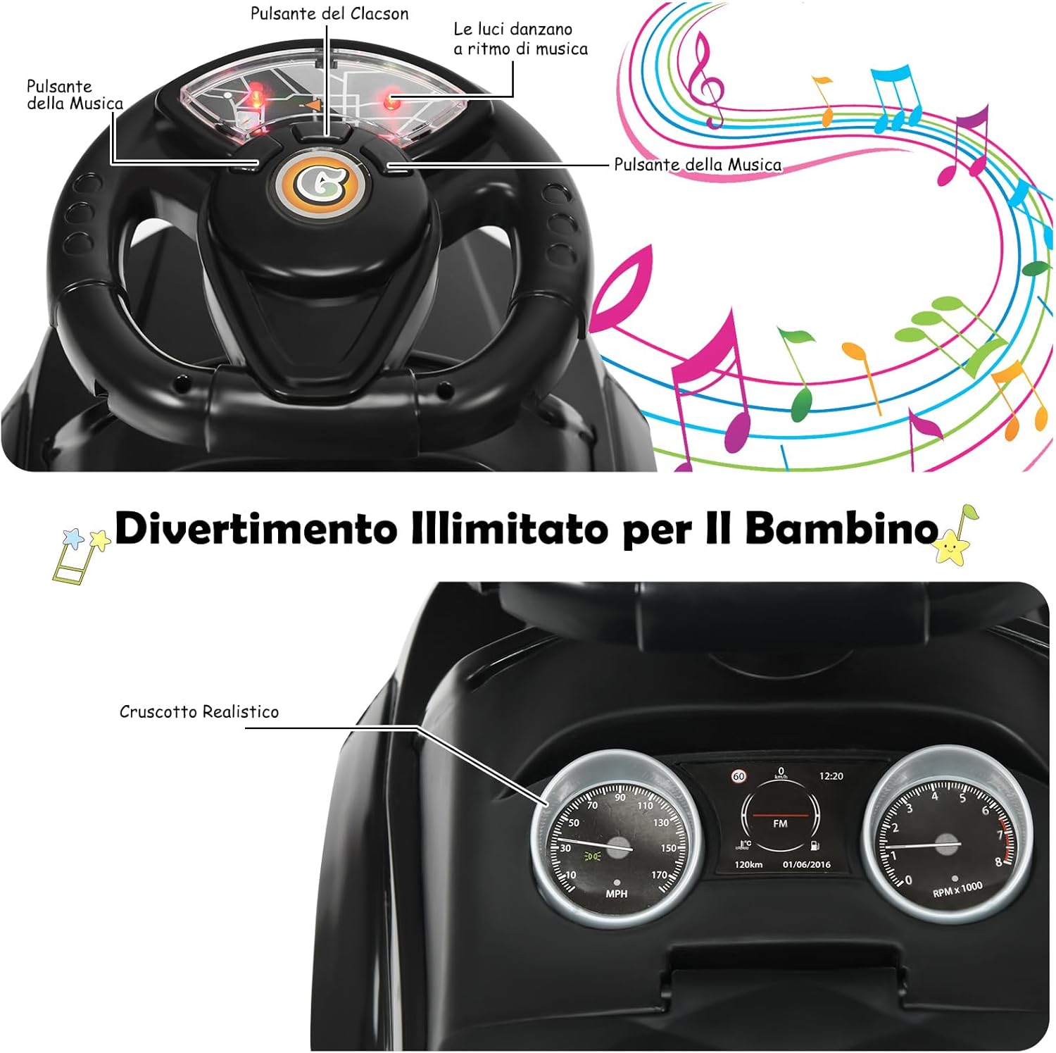 3 in 1 Macchina Cavalcabile a Spinta per Bambini, con Clacson Musica Luce Portaoggetti Sotto Sedile, Auto a Spinta per Bambini di 1-3 Anni (Nero)