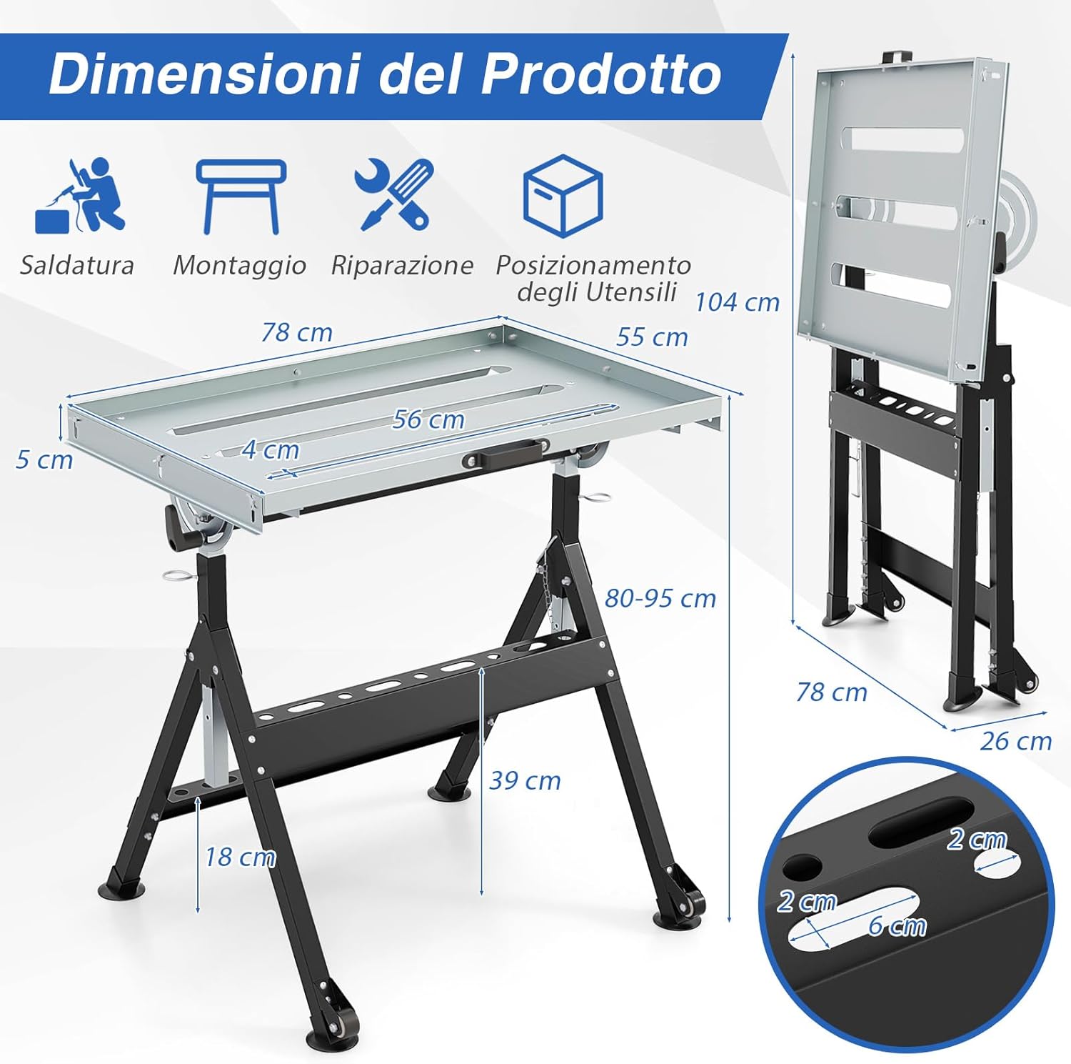 Banco da Lavoro Pieghevole, Tavolo da Lavoro Portatile con Piattaforma Inclinabile e Altezza Regolabile, 2 Ruote, con 3 Slot e 2 Portautensili, Capacità di Carico 180 KG (Modello 1)