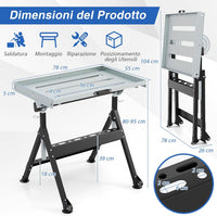 Banco da Lavoro Pieghevole, Tavolo da Lavoro Portatile con Piattaforma Inclinabile e Altezza Regolabile, 2 Ruote, con 3 Slot e 2 Portautensili, Capacità di Carico 180 KG (Modello 1)