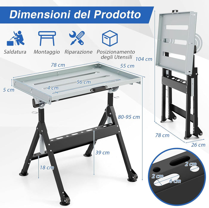 Banco da Lavoro Pieghevole, Tavolo da Lavoro Portatile con Piattaforma Inclinabile e Altezza Regolabile, 2 Ruote, con 3 Slot e 2 Portautensili, Capacità di Carico 180 KG (Modello 1)